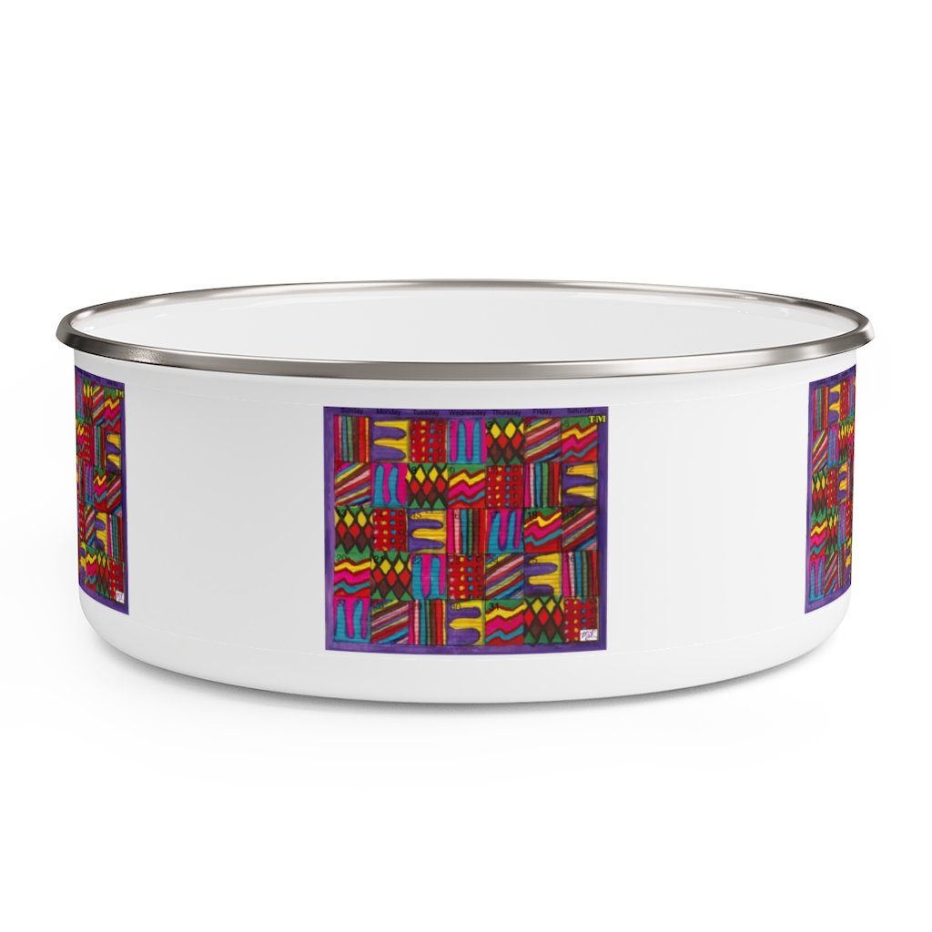 Enamel Bowl 30oz: Psychedelic Calendar(tm) - Dark Colors - No Text - MiE Designs Shop. Multicolor patterns alternated throughout a monthly calendar form dark colorful mazes against stark white, five prints spaced evenly around the bowl.
