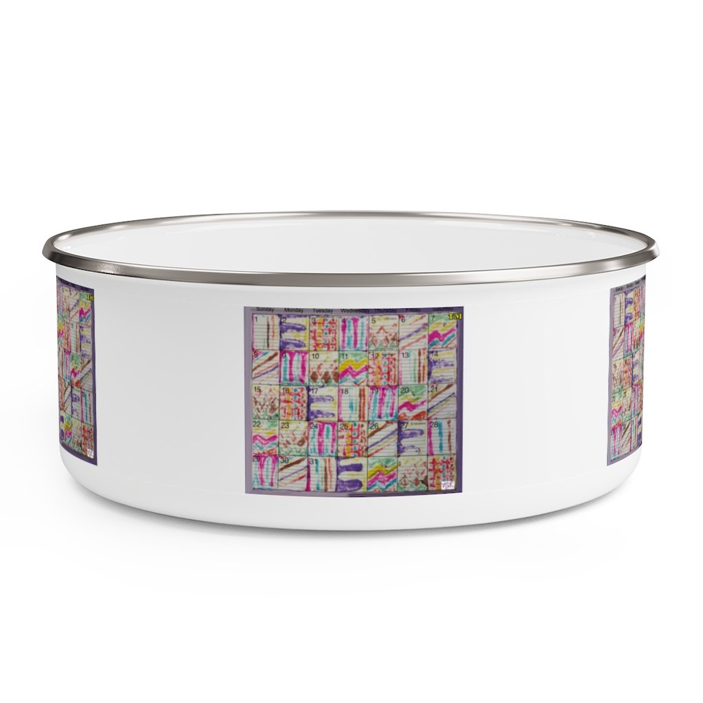 Enamel Bowl 30oz: Psychedelic Calendar(tm) - Pastels - No Text - MiE Designs Shop. Multicolor patterns alternated throughout a monthly calendar form colorful pastel mazes against stark white, five prints spaced evenly around the bowl.