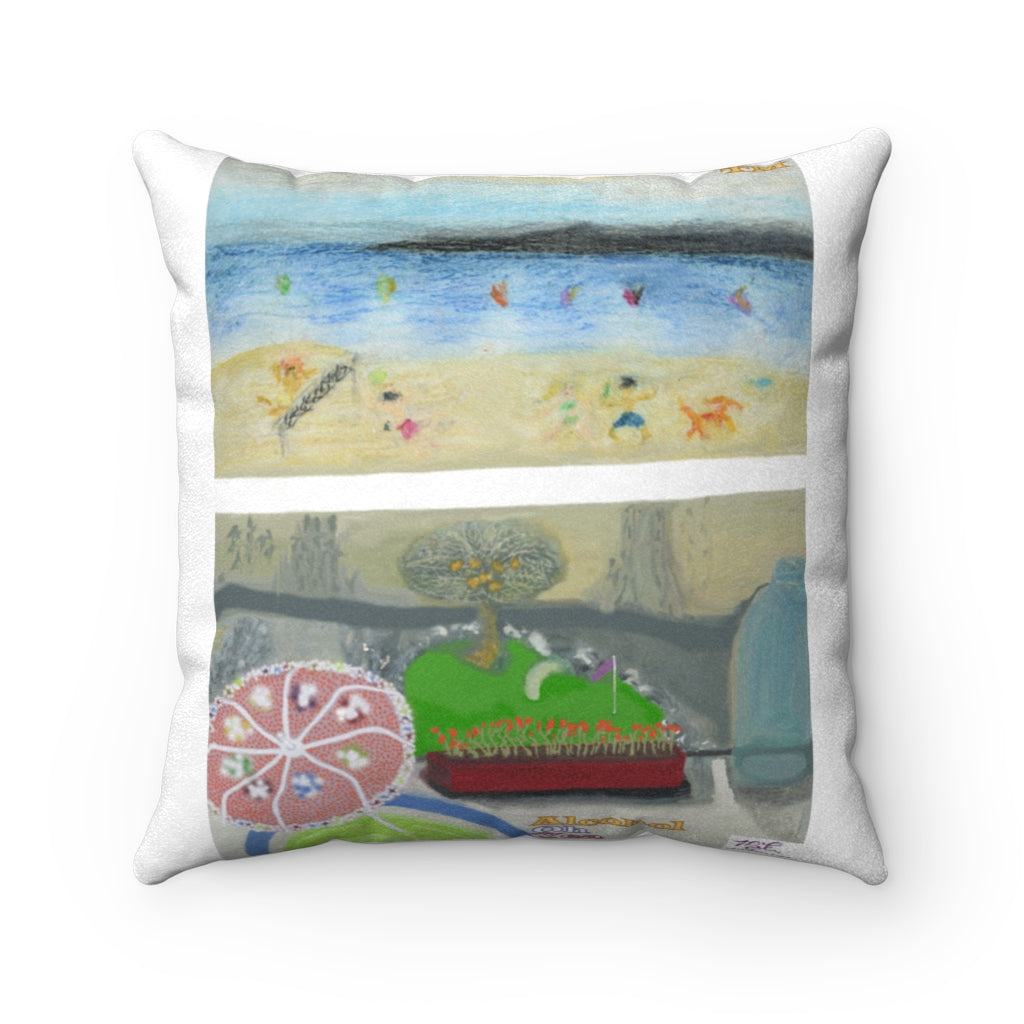 Faux Suede Square Pillow: Alcohol Oh Yea(tm) - MiE Designs Shop. Balcony view of putting green and beach; unseen drinker holds cocktail.