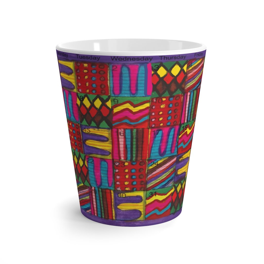 Latte mug 12oz: "Psychedelic Calendar(tm)" - Vibrant - No Text - MiE Designs Shop. Contrasted, alternating mazes inside days, one calendar image, white on either side.