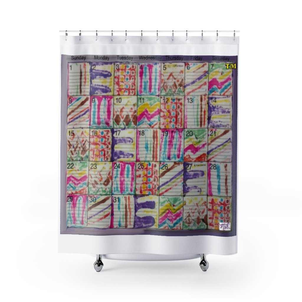 Shower Curtains: Psychedelic Calendar(tm) - Spring - MiE Designs Shop. Seven alternating, bleed-thru squiggle drawings, calendar form.