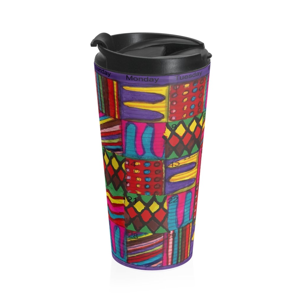 Stainless Steel Travel Mug: Psychedelic Calendar(tm) - Vibrant - No Text - MiE Designs Shop. 7 multicolor alternating mazes contrasted throughout calendar days. Middle view