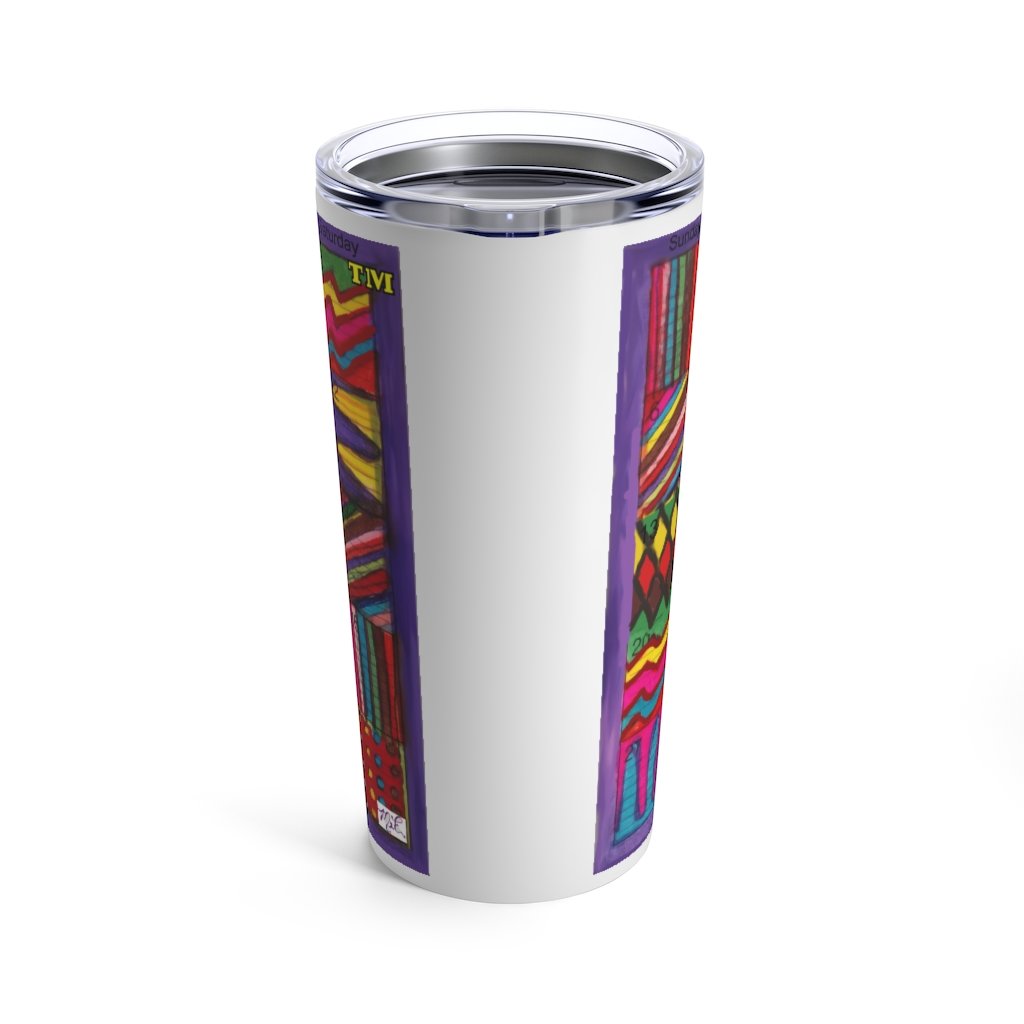 Tumbler 20oz:: "Psychedelic Calendar(tm)" - Vibrant - No Text - MiE Designs Shop. Contrasted, alternating mazes inside days, one calendar image, centered white bar.