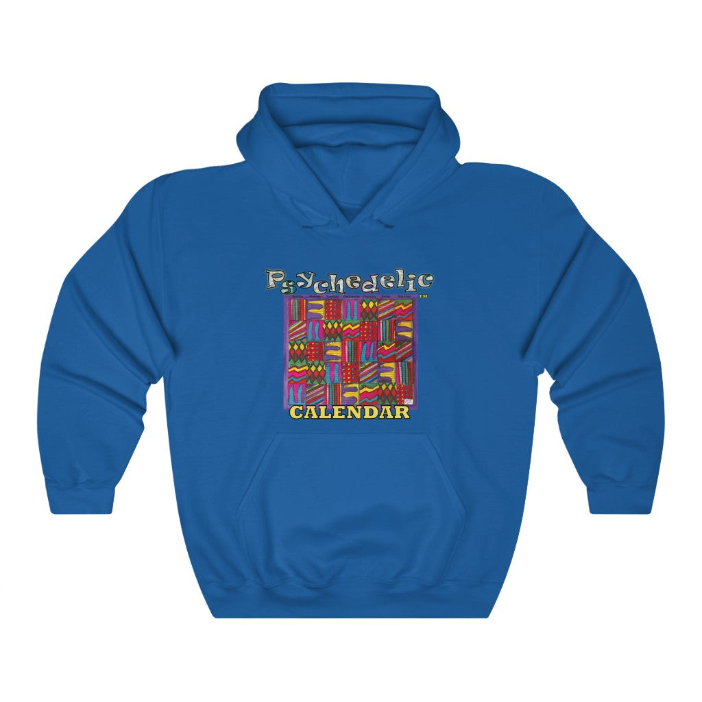 Unisex Heavy Blend™ Hooded Sweatshirt: “Psychedelic Calendar(tm)” – Dark/Vibrant. 7 intense patterns alternate in days of month. Royal Blue
