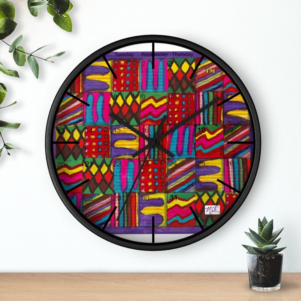 Wall Clock 10 inch: Psychedelic Calendar(tm) - Vibrant - Black Frame/Hands/Markers - MiE Designs Shop. Days of a monthly calendar alternate 7 bright saturated color drawings.
