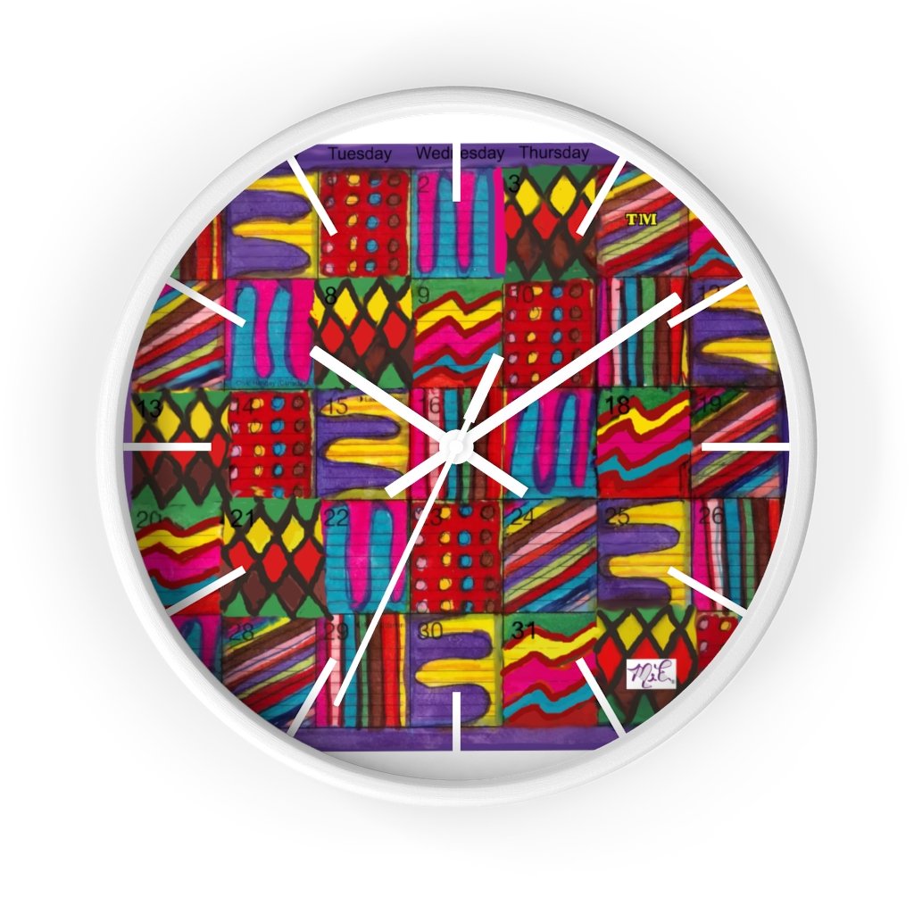 Wall Clock 10 inch: Psychedelic Calendar(tm) - Vibrant - White Frame/Hands/Markers - MiE Designs Shop. Days of a monthly calendar alternate 7 bright saturated color drawings.