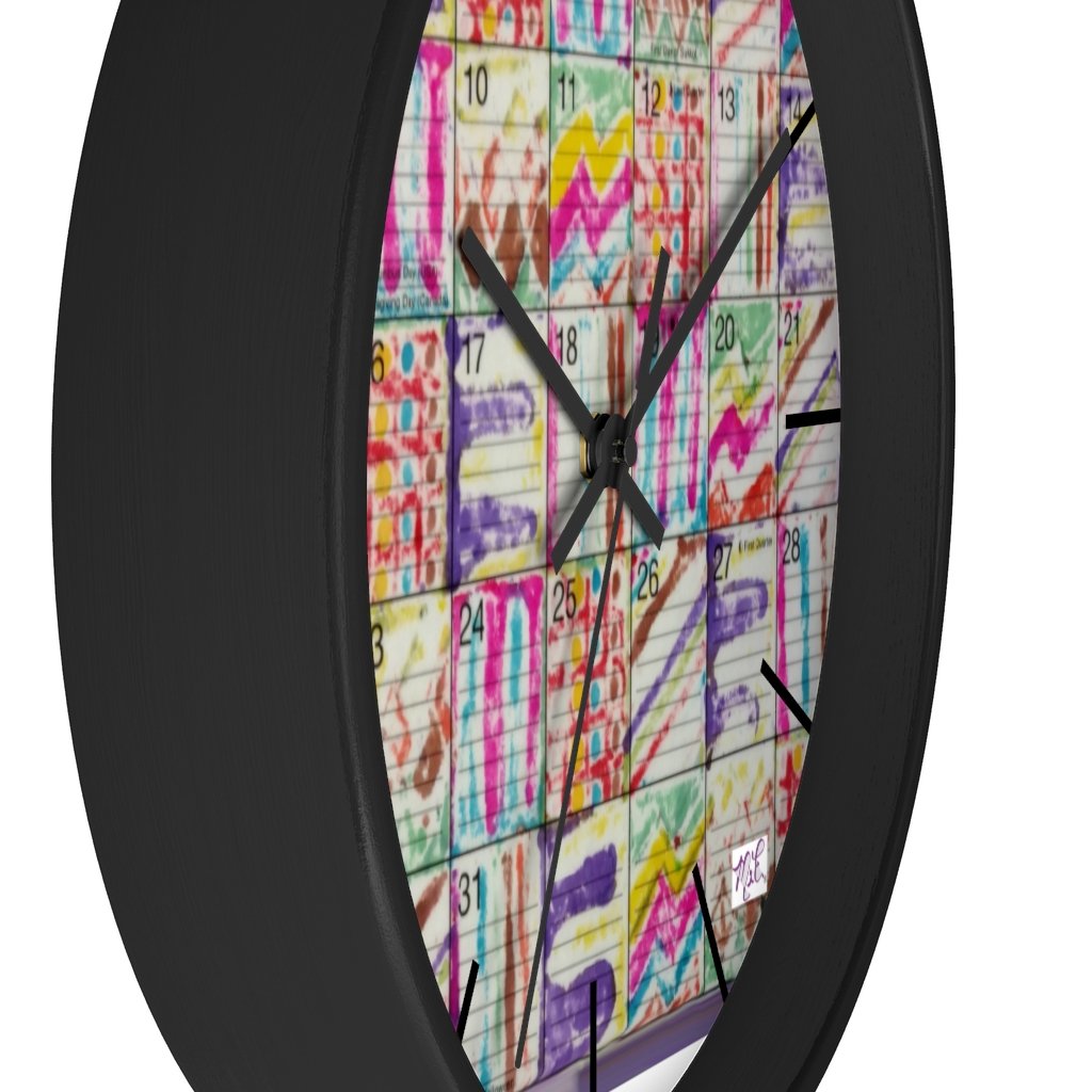 Wall Clock 10 inch: Psychedelic Calendar(tm) - Spring - Black Frame/Hands/Markers - MiE Designs Shop. Days of a monthly calendar alternate 7 bled-thru drawings.