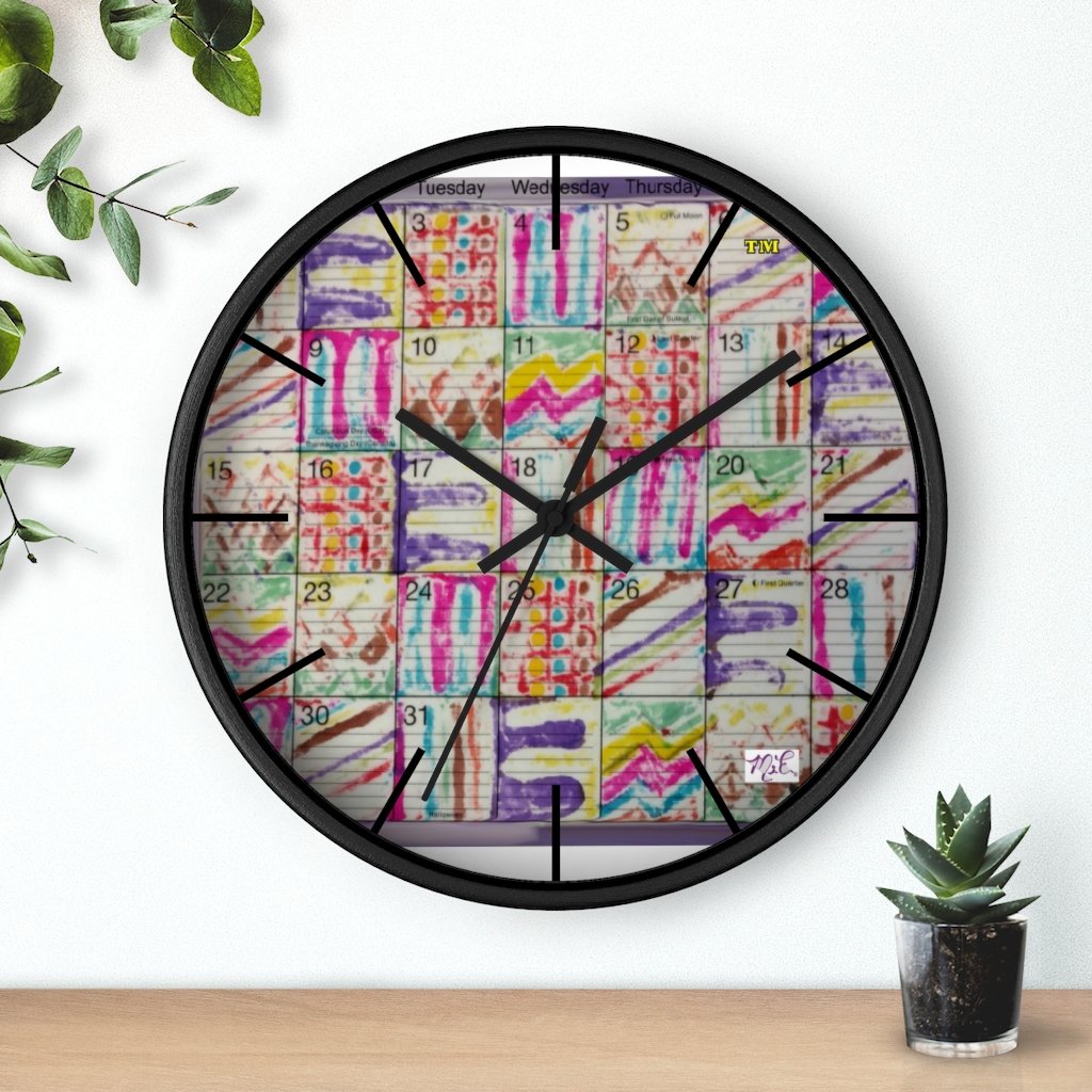 Wall Clock 10 inch: Psychedelic Calendar(tm) - Seeped - Black Frame/Hands/Markers - MiE Designs Shop. Days of a monthly calendar alternate 7 bled-thru drawings.