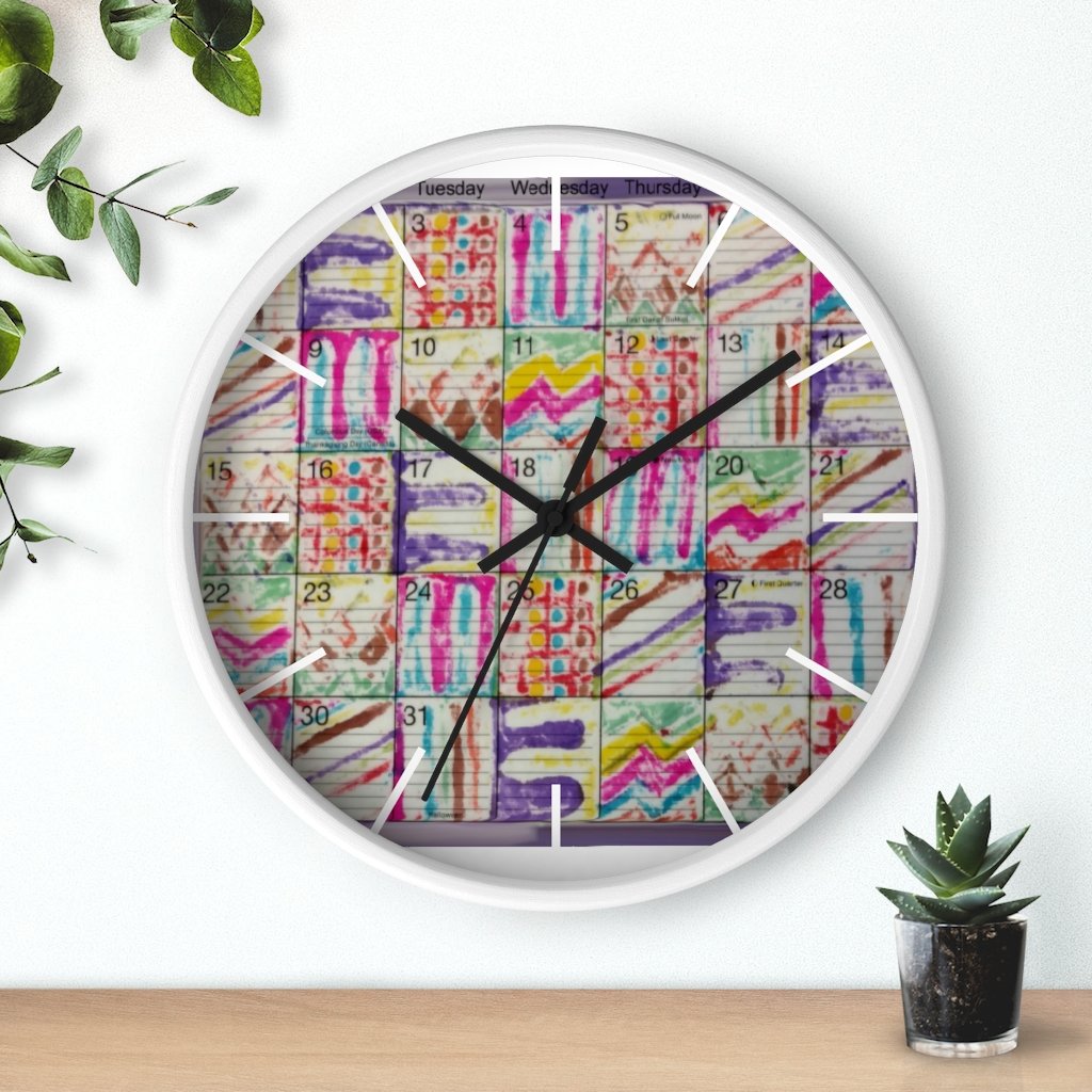 Wall Clock 10 inch: Psychedelic Calendar(tm) - Spring - White Frame/Markers, Black Hands - MiE Designs Shop. Days of a monthly calendar alternate 7 bled-thru drawings.