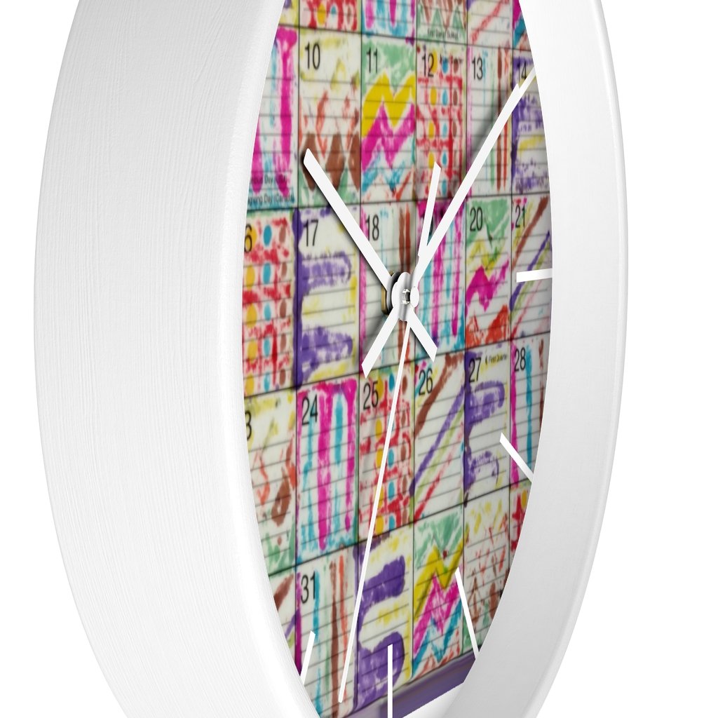 Wall Clock 10 inch: Psychedelic Calendar(tm) - Spring - White Frame/Hands/Markers - MiE Designs Shop. Days of a monthly calendar alternate 7 bled-thru drawings.