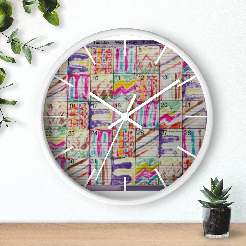 Wall Clock 10 inch: Psychedelic Calendar(tm) - Spring - White Frame/Hands/Markers - MiE Designs Shop. Days of a monthly calendar alternate 7 bled-thru drawings.