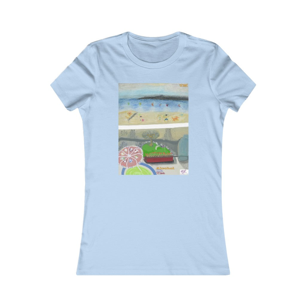 Womens Favorite Tee: Alcohol Oh Yea(tm) - MiE Designs Shop. Unseen drinker on balcony views putting green and beach below. Light blue tee.