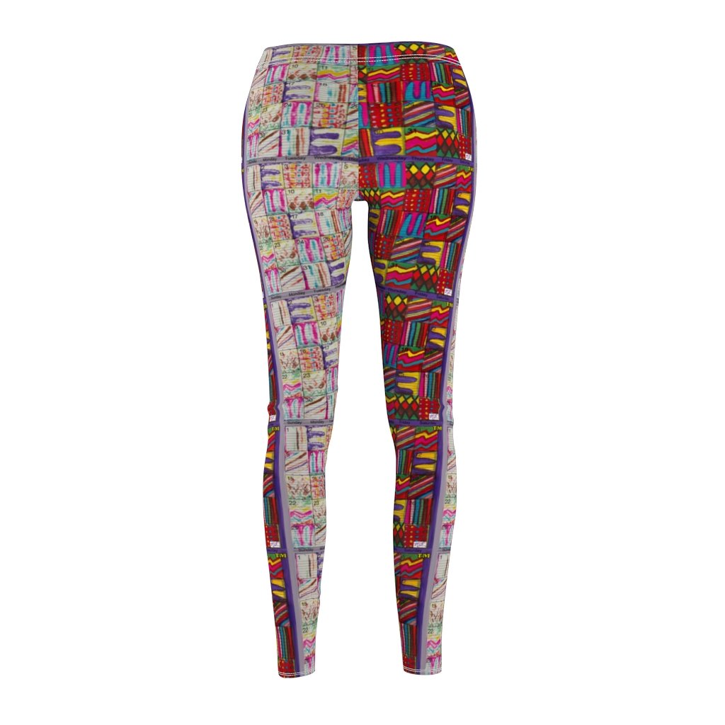 Women's Cut & Sew Casual Leggings: Psychedelic Calendar(tm) - Left Dark Colors - Right Pastels - MiE Designs Shop. Side by side , the dark-colored and pastel versions of the calendar contain alternating mazes inside the days, five prints adjoining to create bands that are dark on the left, pastel on the right with half/half inseams.