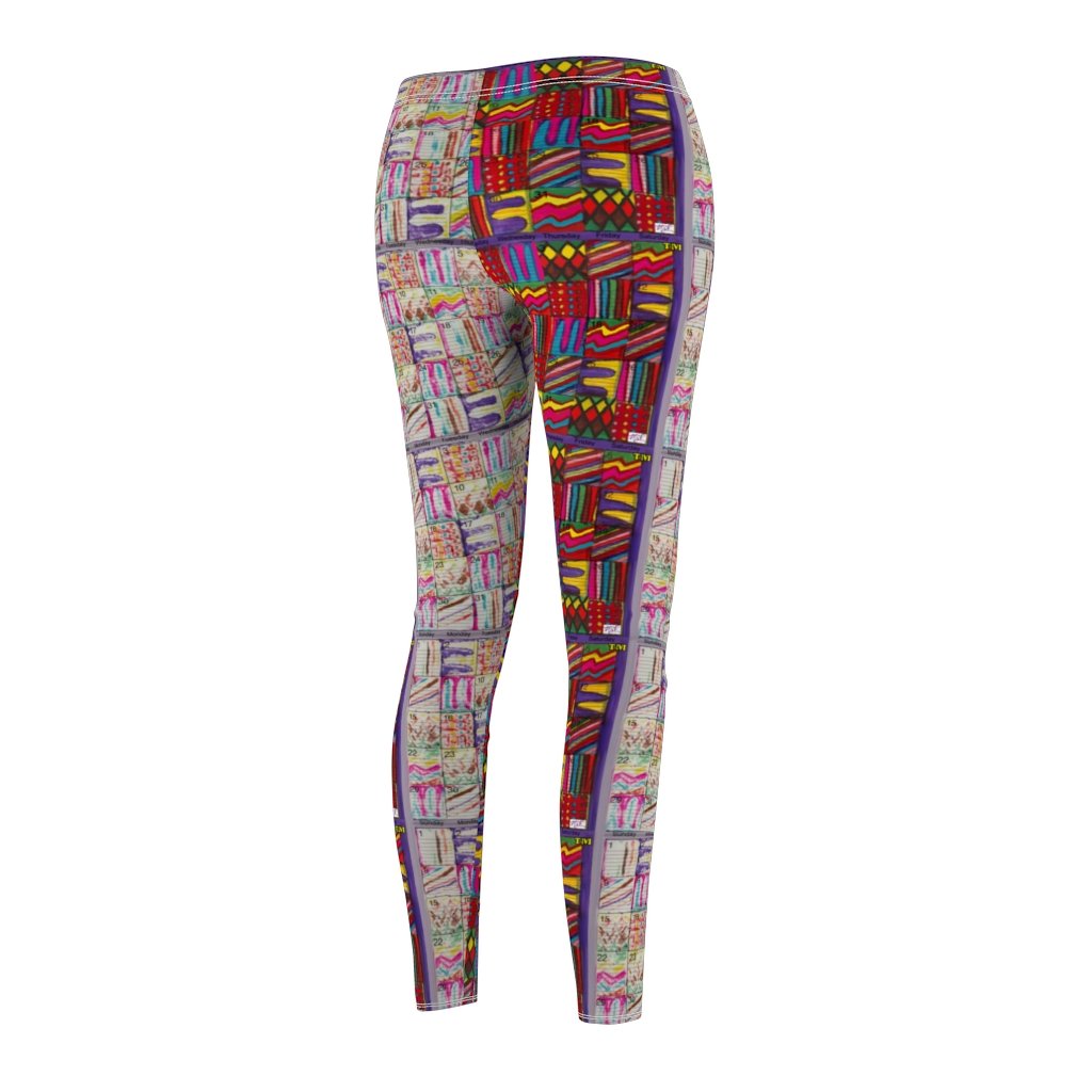 Women's Cut & Sew Casual Leggings: Psychedelic Calendar(tm) - Left Dark Colors - Right Pastels - MiE Designs Shop. Side by side , the dark-colored and pastel versions of the calendar contain alternating mazes inside the days, five prints adjoining to create bands that are dark on the left, pastel on the right with half/half inseams.