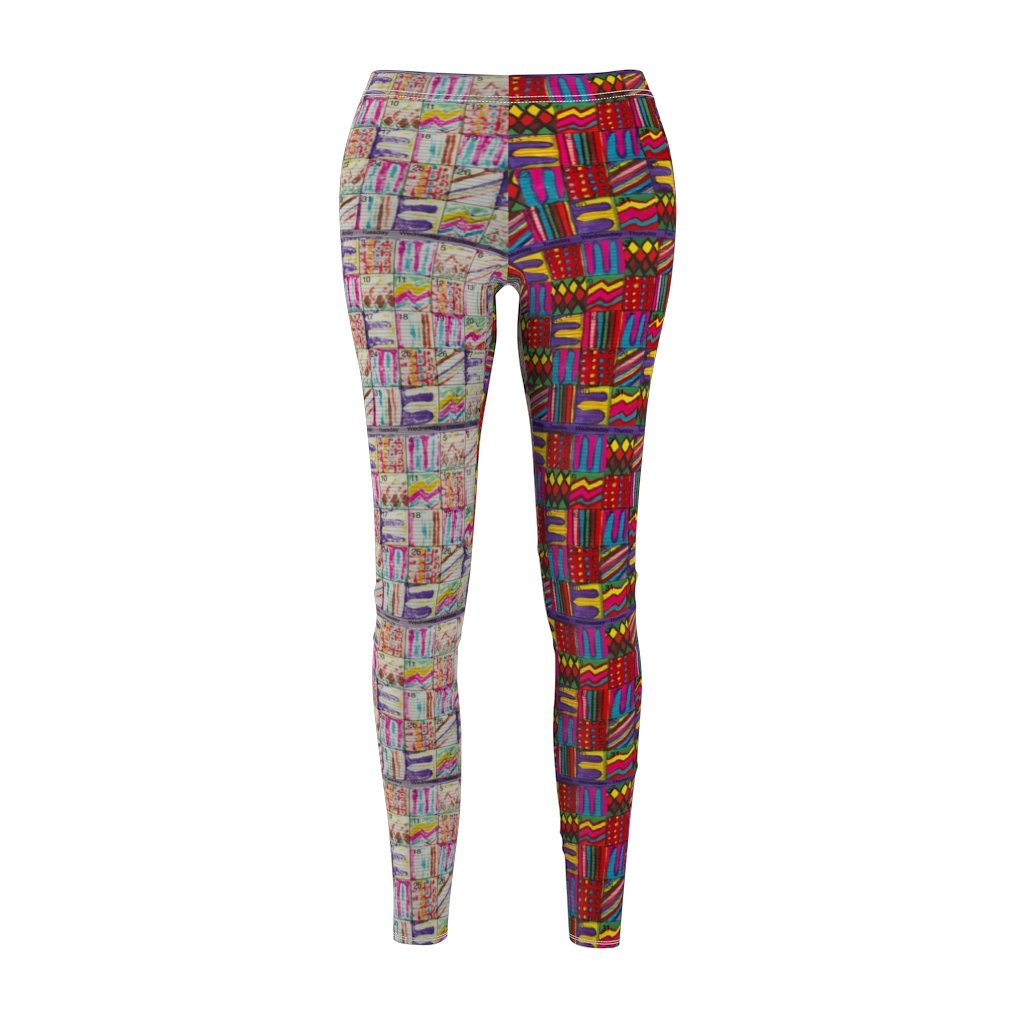 Women's Cut & Sew Casual Leggings: Psychedelic Calendar(tm) - Left Dark Colors - Right Pastels - MiE Designs Shop. Side by side , the dark-colored and pastel versions of the calendar contain alternating mazes inside the days, five prints adjoining to create bands that are dark on the left, pastel on the right with half/half inseams.