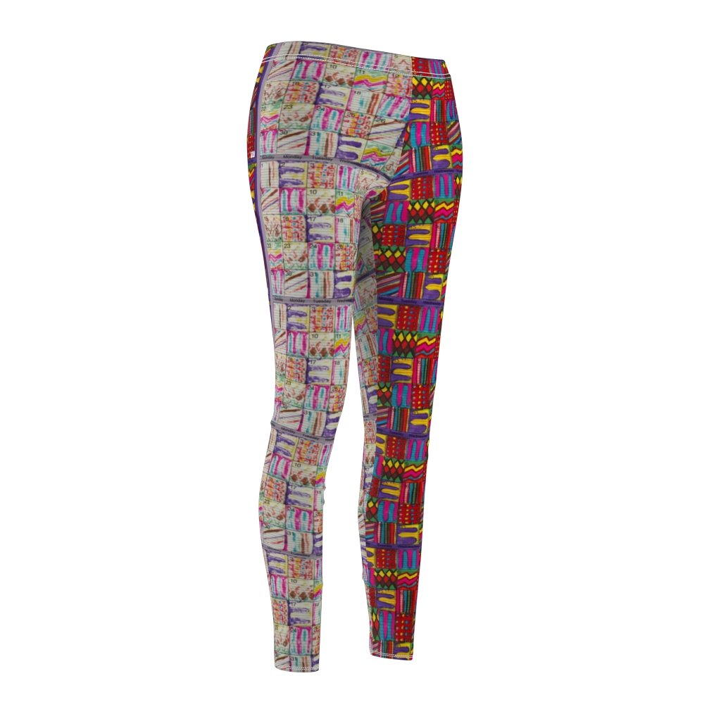 Women's Cut & Sew Casual Leggings: Psychedelic Calendar(tm) - Left Dark Colors - Right Pastels - MiE Designs Shop. Side by side , the dark-colored and pastel versions of the calendar contain alternating mazes inside the days, five prints adjoining to create bands that are dark on the left, pastel on the right with half/half inseams.