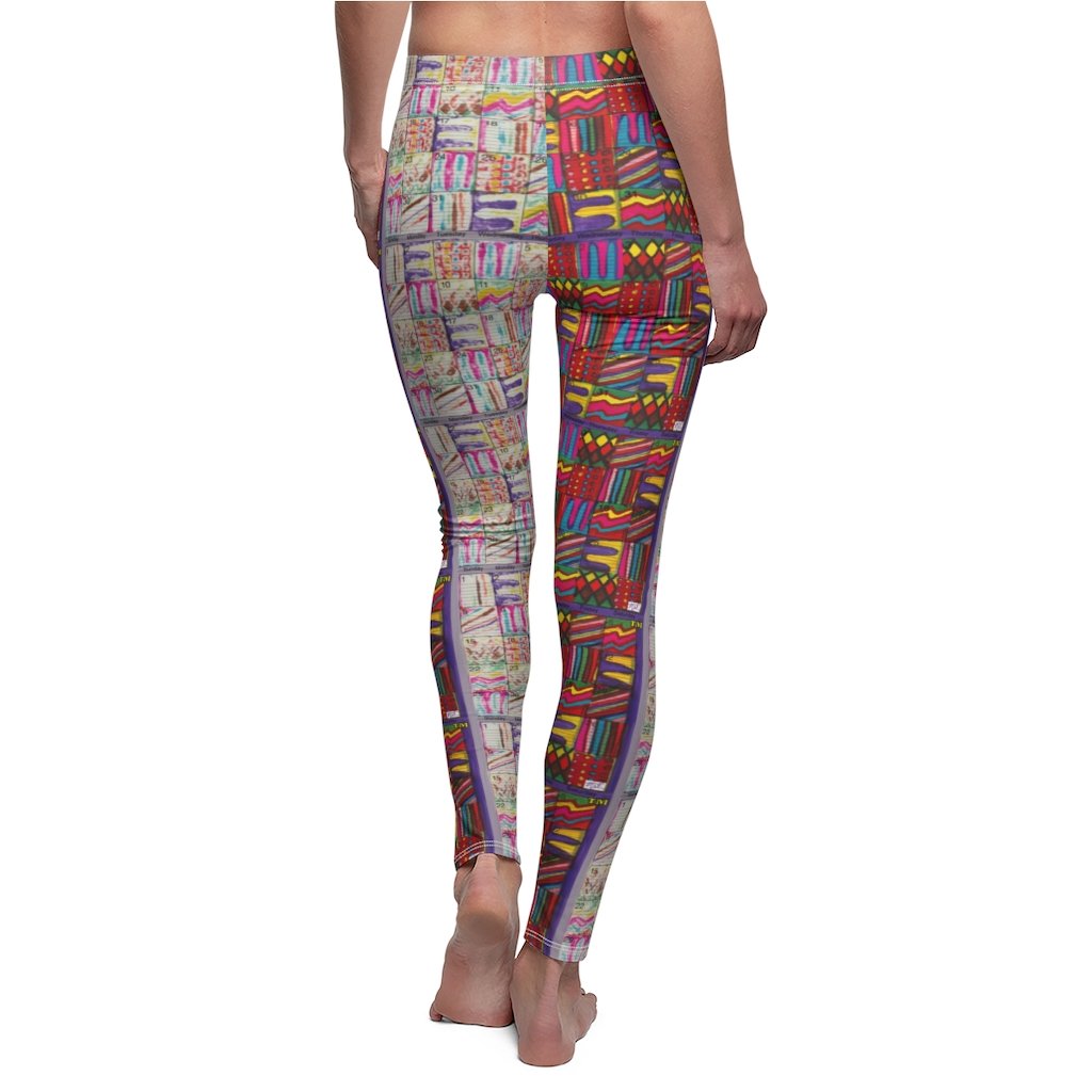 Women's Cut & Sew Casual Leggings: Psychedelic Calendar(tm) - Left Dark Colors - Right Pastels - MiE Designs Shop. Side by side , the dark-colored and pastel versions of the calendar contain alternating mazes inside the days, five prints adjoining to create bands that are dark on the left, pastel on the right with half/half inseams.