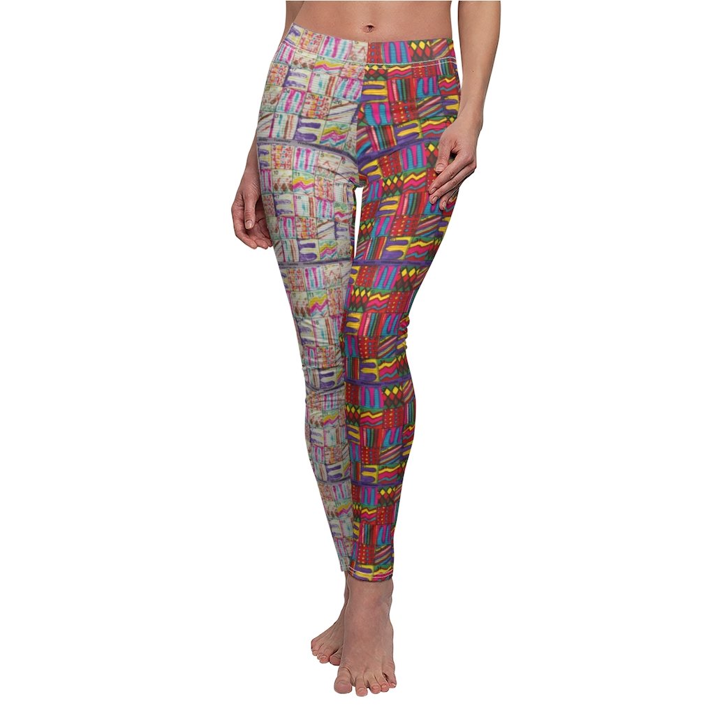 Women's Cut & Sew Casual Leggings: Psychedelic Calendar(tm) - Left Dark Colors - Right Pastels - MiE Designs Shop. Side by side , the dark-colored and pastel versions of the calendar contain alternating mazes inside the days, five prints adjoining to create bands that are dark on the left, pastel on the right with half/half inseams.