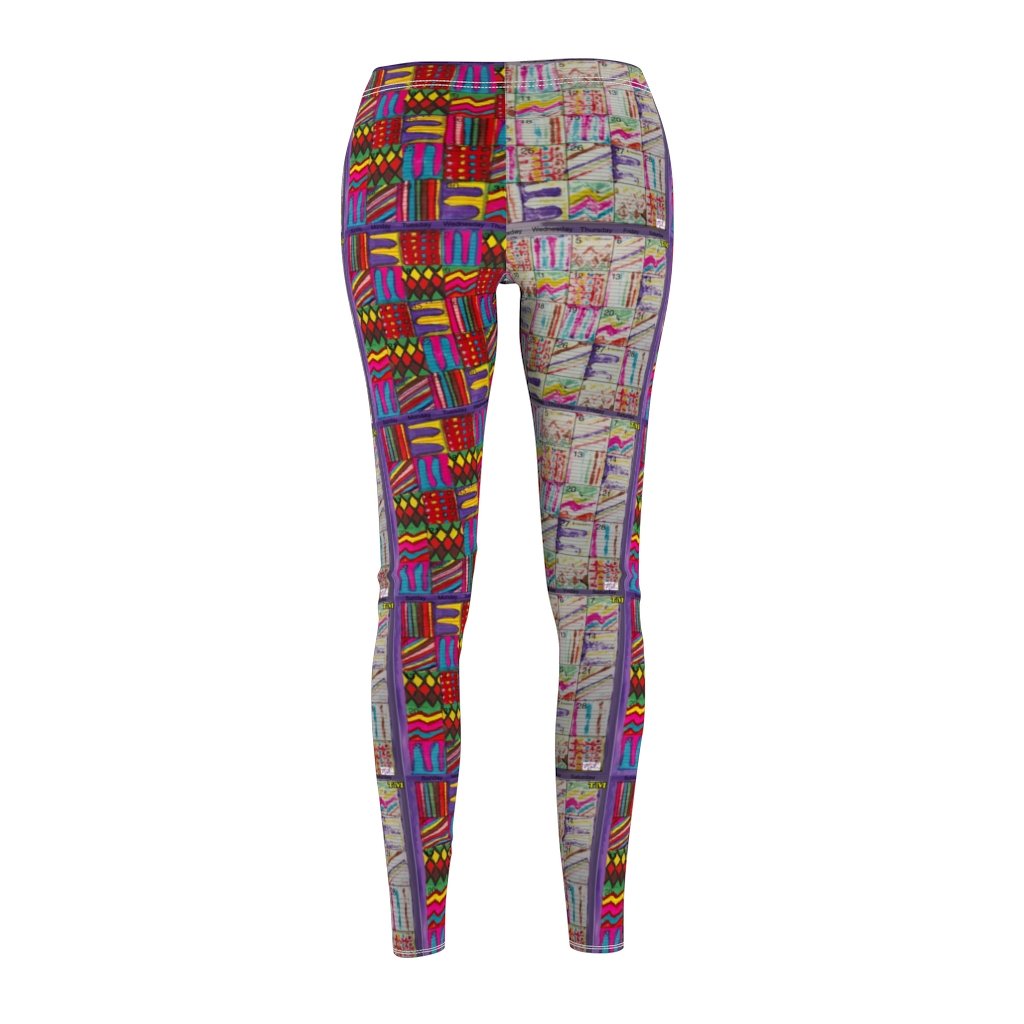 Women's Cut & Sew Casual Leggings: Psychedelic Calendar(tm) - Left Pastels - Right Dark Colors - MiE Designs Shop. Side by side , the pastel and dark-colored versions of the calendar contain alternating mazes inside the days, five prints adjoining to create bands that are pastel on the left, dark on the right with half/half inseams.