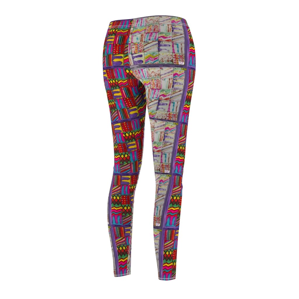 Women's Cut & Sew Casual Leggings: Psychedelic Calendar(tm) - Left Pastels - Right Dark Colors - MiE Designs Shop. Side by side , the pastel and dark-colored versions of the calendar contain alternating mazes inside the days, five prints adjoining to create bands that are pastel on the left, dark on the right with half/half inseams.