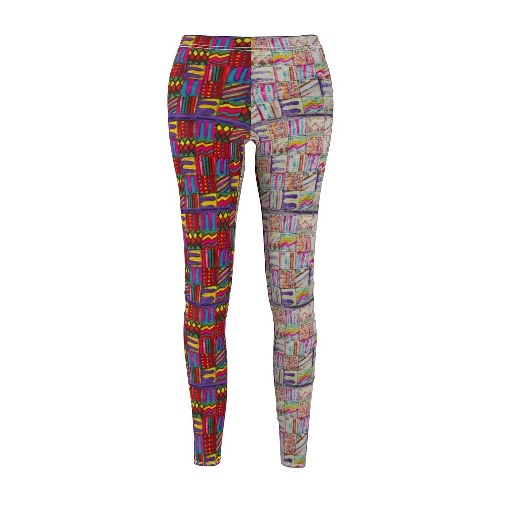 Women's Cut & Sew Casual Leggings: Psychedelic Calendar(tm) - Left Pastels - Right Dark Colors - MiE Designs Shop. Side by side , the pastel and dark-colored versions of the calendar contain alternating mazes inside the days, five prints adjoining to create bands that are pastel on the left, dark on the right with half/half inseams.