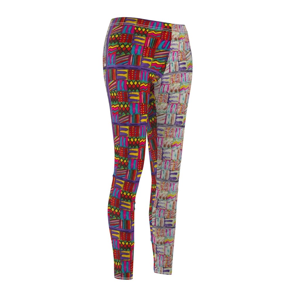 Women's Cut & Sew Casual Leggings: Psychedelic Calendar(tm) - Left Pastels - Right Dark Colors - MiE Designs Shop. Side by side , the pastel and dark-colored versions of the calendar contain alternating mazes inside the days, five prints adjoining to create bands that are pastel on the left, dark on the right with half/half inseams.