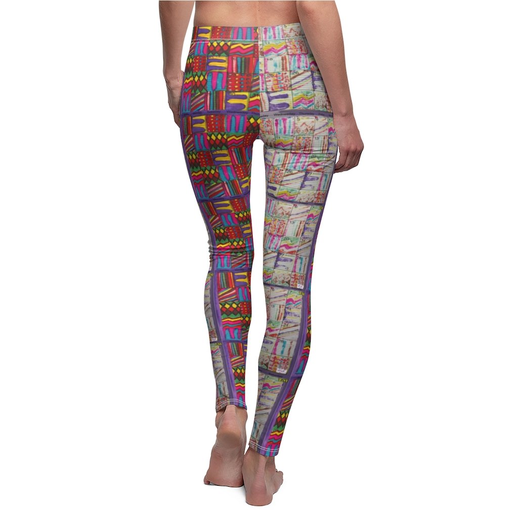 Women's Cut & Sew Casual Leggings: Psychedelic Calendar(tm) - Left Pastels - Right Dark Colors - MiE Designs Shop. Side by side , the pastel and dark-colored versions of the calendar contain alternating mazes inside the days, five prints adjoining to create bands that are pastel on the left, dark on the right with half/half inseams.