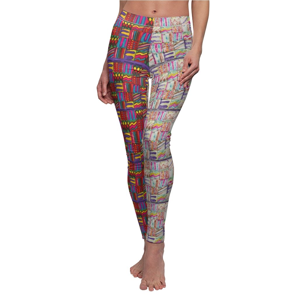 Women's Cut & Sew Casual Leggings: Psychedelic Calendar(tm) - Left Pastels - Right Dark Colors - MiE Designs Shop. Side by side , the pastel and dark-colored versions of the calendar contain alternating mazes inside the days, five prints adjoining to create bands that are pastel on the left, dark on the right with half/half inseams.