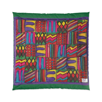 Comforter: "Psychedelic Calendar(tm)" - Vibrant - Four Sizes - Dark Green