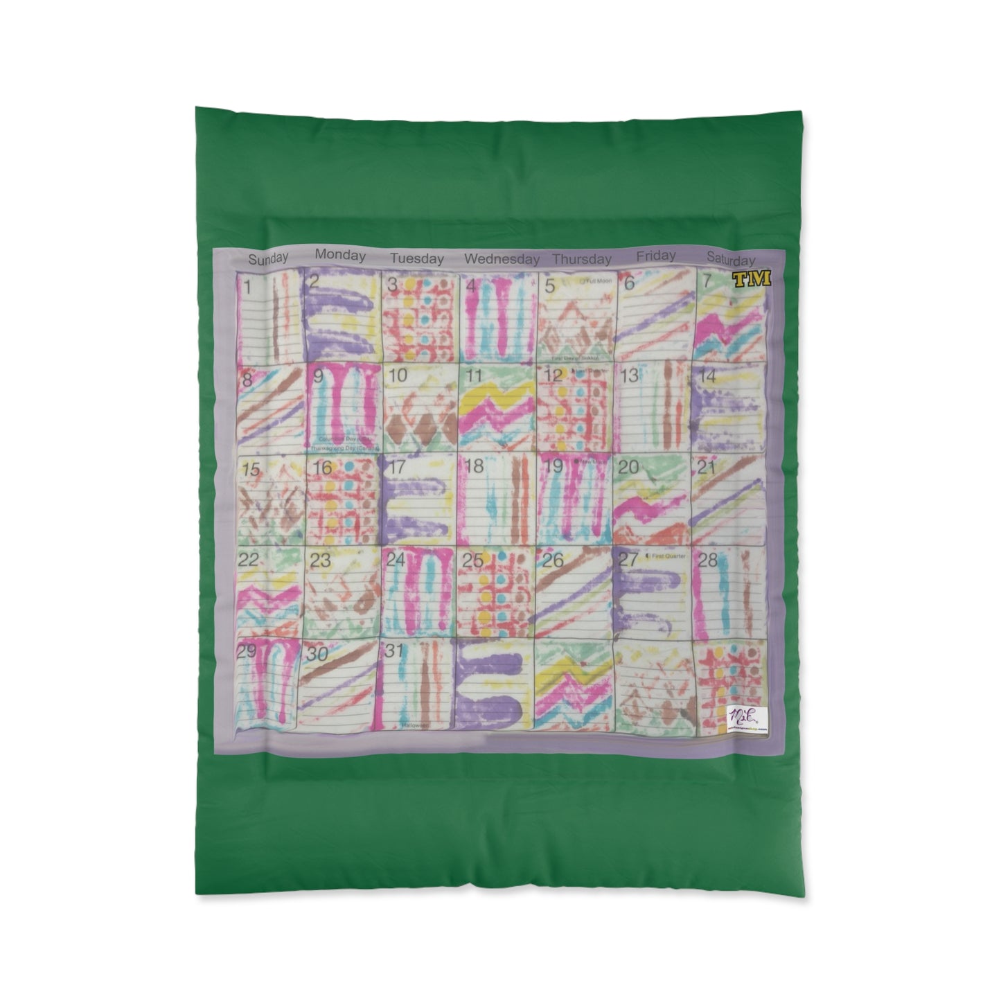 Comforter: "Psychedelic Calendar Seeped(tm)"  - Four Sizes - Dark Green