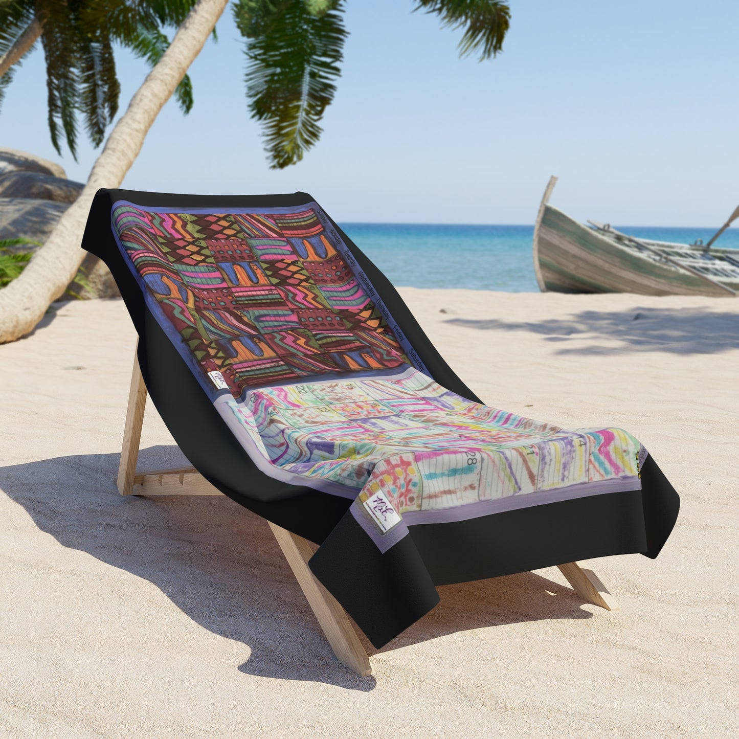 Beach Towel:  "Psychedelic Calendar(tm)" - Muted and Seeped - Black Background
