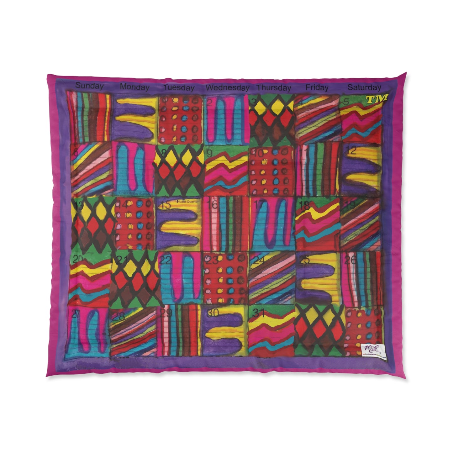 Comforter: "Psychedelic Calendar Vibrant(tm)" - Four Sizes - Dark Pink