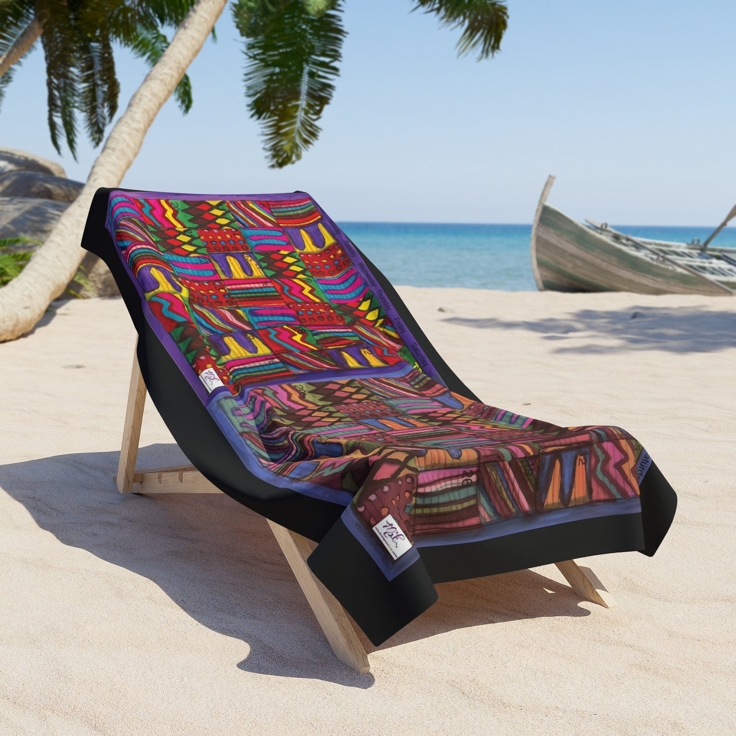 Beach Towel:  "Psychedelic Calendar(tm)" - Vibrant and Muted - Black Background