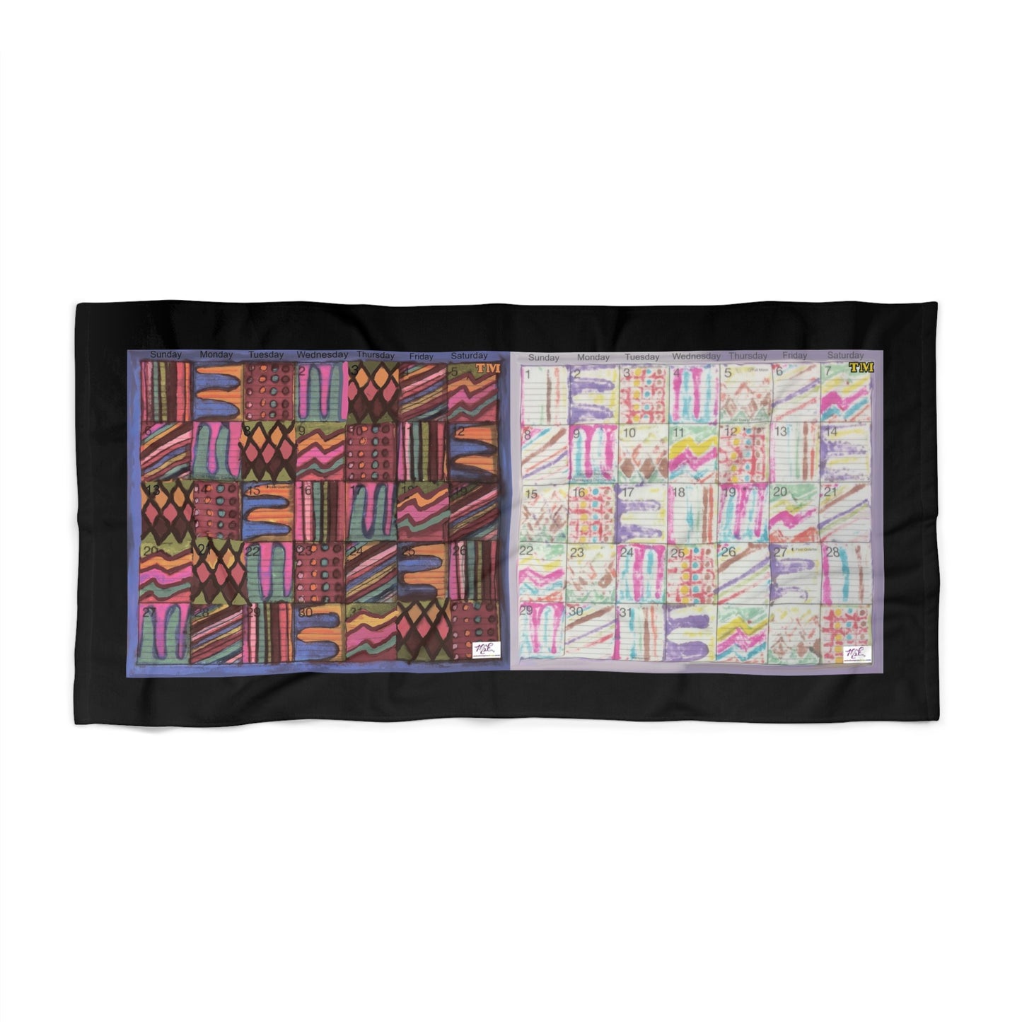 Beach Towel:  "Psychedelic Calendar(tm)" - Muted and Seeped - Black Background