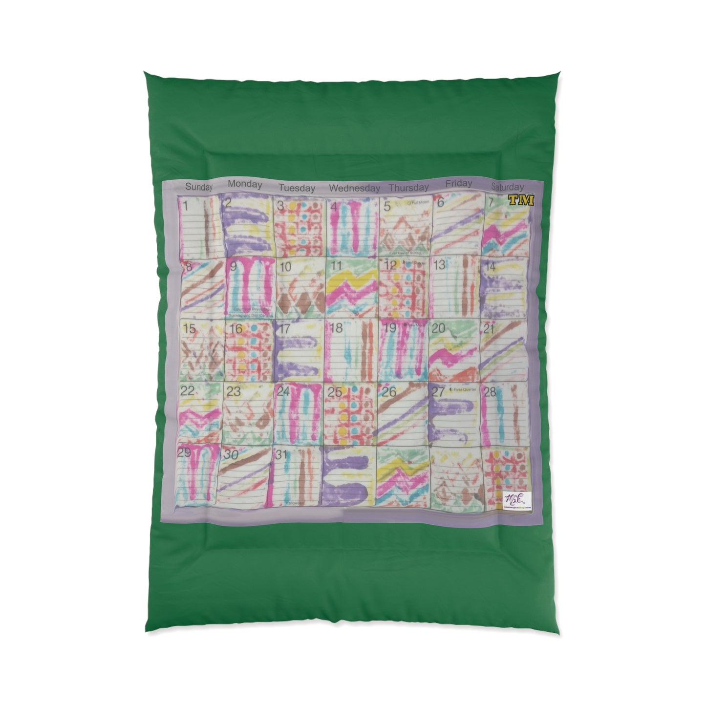 Comforter: "Psychedelic Calendar Seeped(tm)"  - Four Sizes - Dark Green