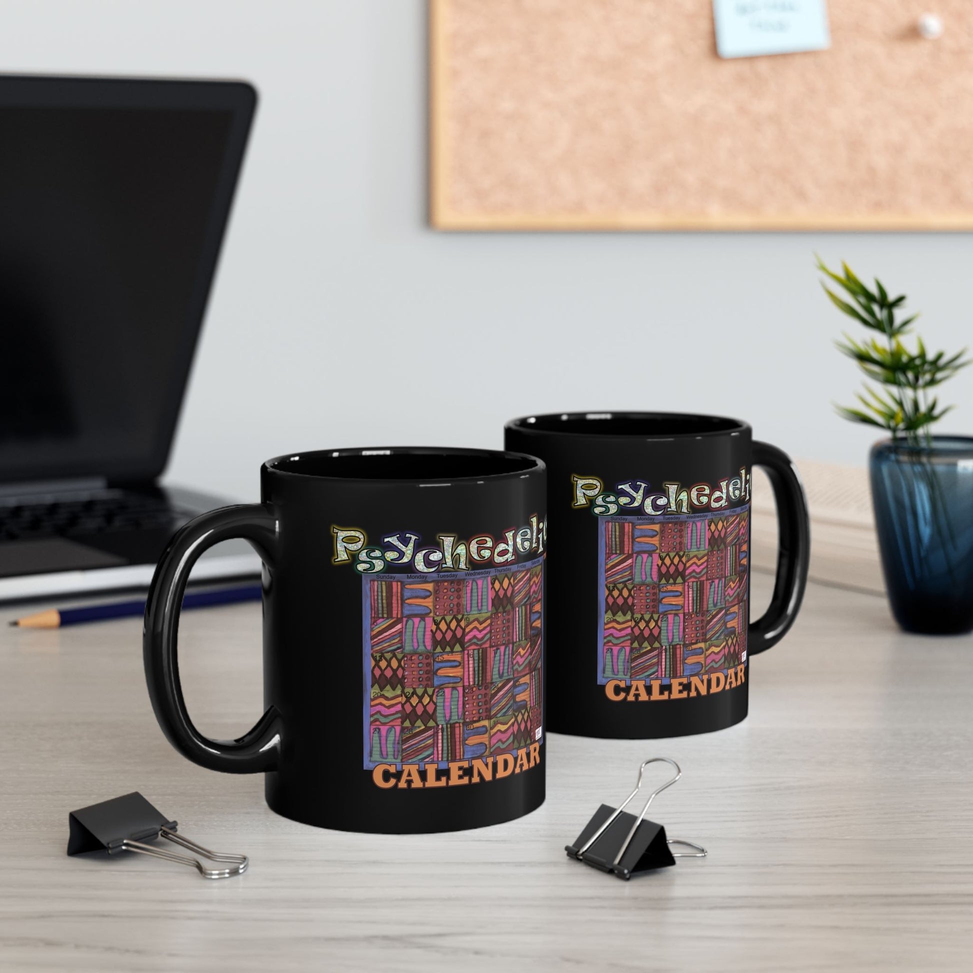 Black Mug 11oz: Psychedelic Calendar(tm)-Muted- MiE Designs Shop. Subdued mazes switch day2day, Glittery top letters, block style below. Concept