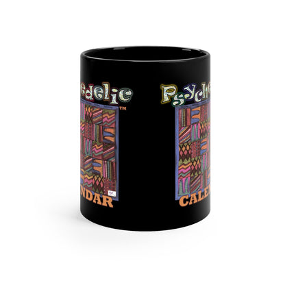 Black Mug 11oz: Psychedelic Calendar(tm)-Muted- MiE Designs Shop. Subdued mazes switch day2day, Glittery top letters, block style below. Middle view