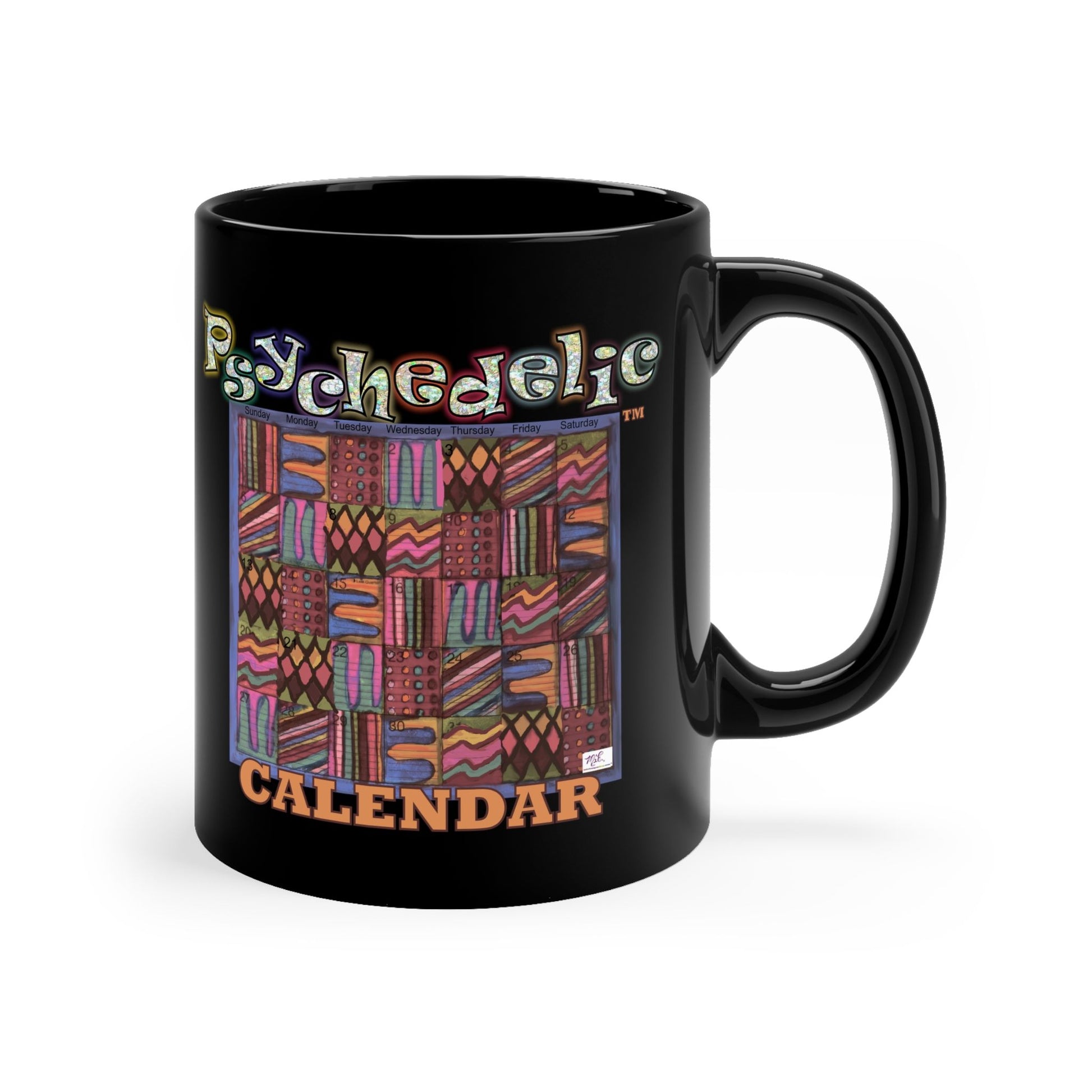 Black Mug 11oz: Psychedelic Calendar(tm)-Muted- MiE Designs Shop. Subdued mazes switch day2day, Glittery top letters, block style below. Right view