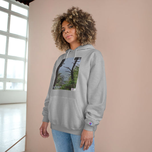 Champion Hoodie - "Beach Forest Humboldt(tm)" - Light Gray - MiE Designs Shop. Sitka Spuce flank a trailhead leading down to rocky coastline below. Model pose