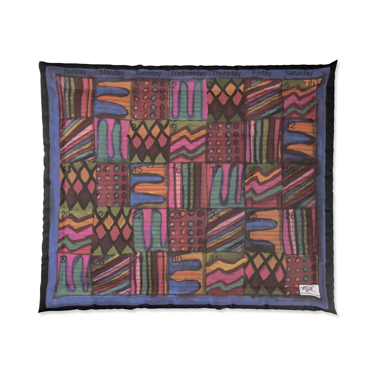 Comforter: Psychedelic Calendar(tm) - Muted - 104x88 - MiE Designs Shop. Barely visible black edges around calendar. Flat