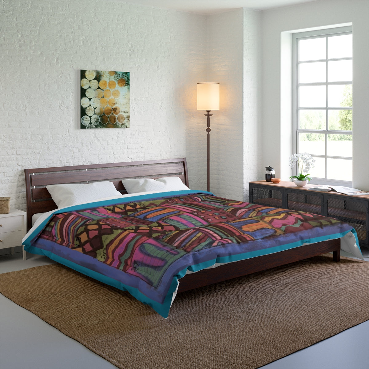 Comforter: Psychedelic Calendar(tm) - Muted - 104x88 - MiE Designs Shop. Barely visible turquoise edges around calendar. Bedroom