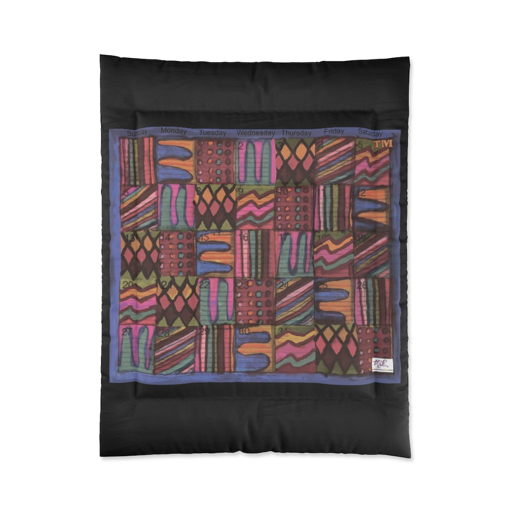 Comforter: Psychedelic Calendar(tm) - Muted - 68x88 - MiE Designs Shop. Thick black bars above/below calendar. Flat