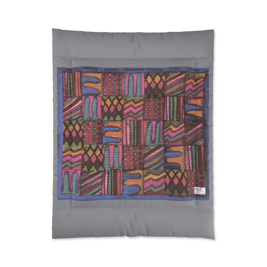 Comforter: Psychedelic Calendar(tm) - Muted - 68x88 - MiE Designs Shop. Thick gray bars above/below calendar. Flat