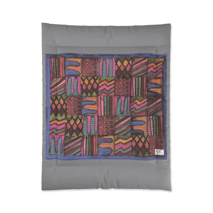 Comforter: Psychedelic Calendar(tm) - Muted - 68x88 - MiE Designs Shop. Thick gray bars above/below calendar. Flat