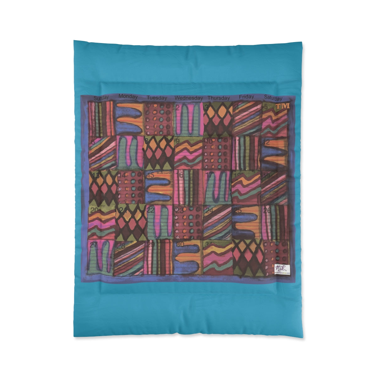 Comforter: Psychedelic Calendar(tm) - Muted - 68x88 - MiE Designs Shop. Thick turquoise bars above/below calendar. Flat