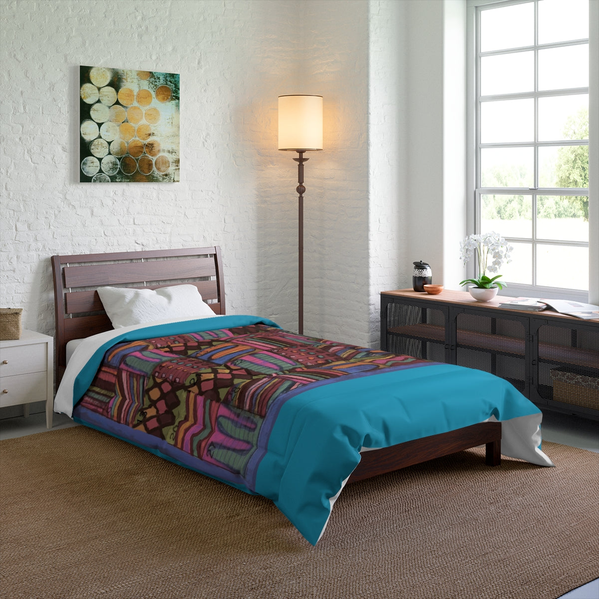 Comforter: Psychedelic Calendar(tm) - Muted - 68x88 - MiE Designs Shop. Thick turquoise bars above/below calendar. Bedroom