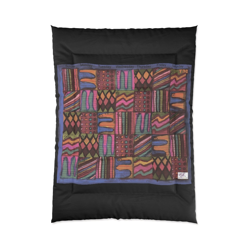 Comforter: Psychedelic Calendar(tm) - Muted - 68x92 - MiE Designs Shop. Thick black bars above/below calendar. Flat