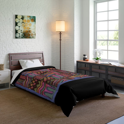 Comforter: Psychedelic Calendar(tm) - Muted - 68x92 - MiE Designs Shop. Thick black bars above/below calendar. Bedroom