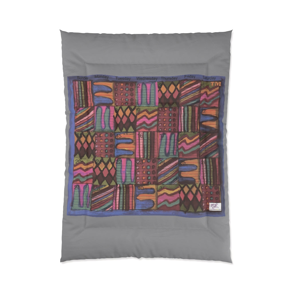 Comforter: Psychedelic Calendar(tm) - Muted - 68x92 - MiE Designs Shop. Thick gray bars above/below calendar. Flat