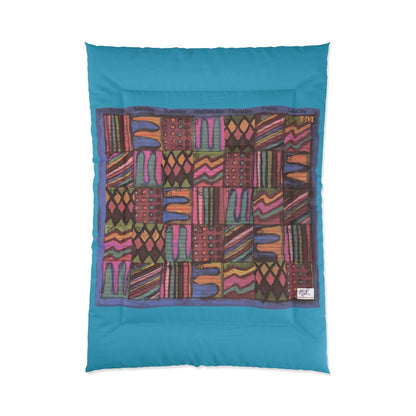 Comforter: Psychedelic Calendar(tm) - Muted - 68x92 - MiE Designs Shop. Thick turquoise bars above/below calendar. Flat